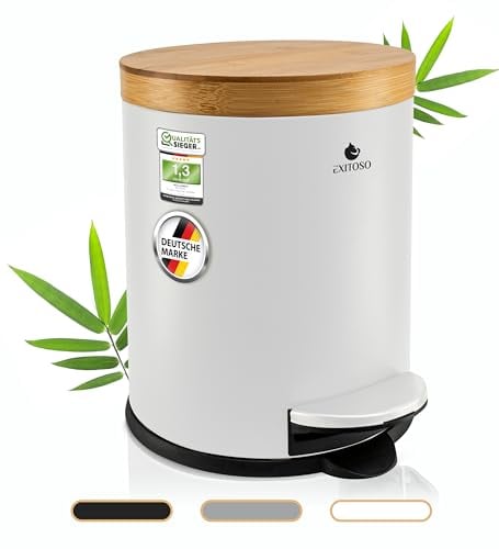 Exitoso 5L Mülleimer Bad Weiß - Kosmetikeimer mit Bambus-Holzdeckel und Absenkautomatik - mit Rutschfest Pad - Tretmülleimer Bad aus Edelstahl - Badmülleimer - Badezimmer Mülleimer