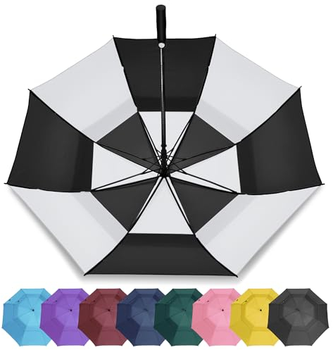 ZOMAKE Regenschirm Gross Sturmfest XL - Golfschirm Groß Windfest 62inch - Familienregenschirm Groß Sturmfest Mit Tragegurt(Schwarz/Weiß)