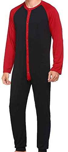 Ahafeni Men's Button Down One Piece Onesies Pajama Long Sleeve Round Neck Color Block Jumpsuit Nightwear For Adults (Black, L)