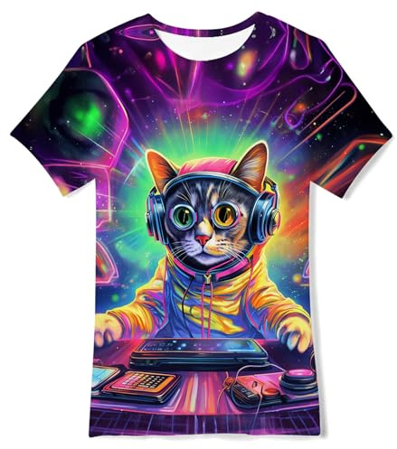 AIDEAONE Kinder Jungen T-Shirts Sommer Tops Bunt Drucken LustigT-Shirt 6-8 Jahre,DJ Katze,S