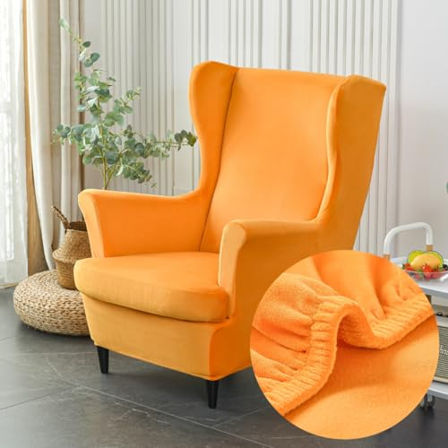 Highdi 2-Teilig Ohrensessel Überzug, Sessel-Überwürfe Ohrensessel Mode Einfarbig Samt Schonbezüge Bezug Sesselhusse Strandmon Tiger Stuhlbezug mit Armlehne Hohe Rückenlehne (Orange)