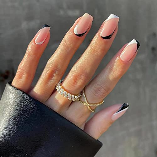 JUSTOTRY 24 Pcs Black and White Swirl Press on Nails Short Designs,Glossy False Nails Square,French Squoval Stick on Nails for Women and Teens,Fake Nail Medium for Nail Art