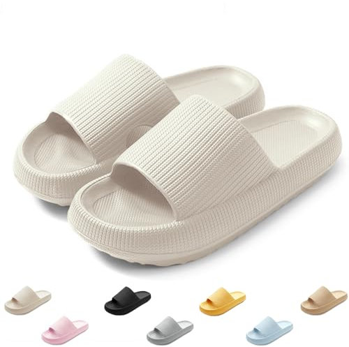 QJJQ Badeschuhe Herren Damen Cozislides Original Slippers Wolke Schlappen Super Weich rutschfest Badelatschen Hausschuhe Sommer Pantoletten Badeschlappen Flip Flops,Beige, 42-43 EU