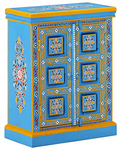 CKioict Buffetschrank modern Küchenschrank Vitrinenschrank Anrichte Massiv Mangoholz Türkis Handbemalt für Wohnzimmer & Schlafzimmer