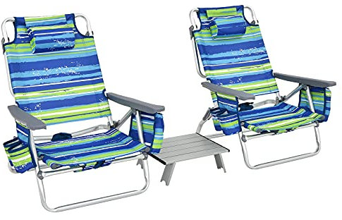 COSTWAY 2 Sillas Playa Plegable y 1 Mesa de Camping Enrollable, Sillas Reclinables 5 Posiciones, 40x29,5x12,5 cm, Marco Aluminio, Conjunto Muebles de Jardín 3 Piezas Terraza Piscina (Azul)