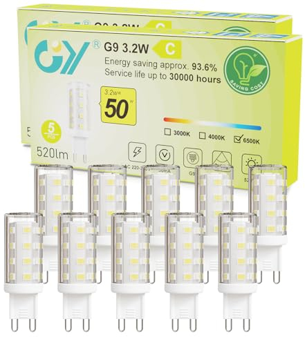 GY Bombilla G9 LED 3.2W 520LM Blanco Frío 6500K, Bombilla LED G9 Ángulo Haz de 360º Sin Rincones Oscuros, Sin Estroboscópico, No Regulable(10 Unidad)