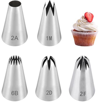 HIOQFR 5 Pezzi Punte Sac a Poche Professionali Beccucci in Acciaio Inox Beccucci Sac a Poche Grandi a Stella Beccucci per Zeppole Bocchette Decorative Accessori per Cottura Fai da Te Torta -Media