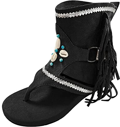 Scarpe estive leggere tessuto da donna | Stivali neri da donna piatti | Camoscio frange stivali da cowboy con frange classico stivali a mezza altezza con tacco a blocco vintage a punta stivali in