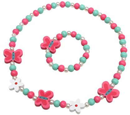 LuLiyLdJ Bijoux Enfant Fille - Set Princesse Papillon en Bois Coloré avec Collier et Bracelet de Perles - 2 Pièces