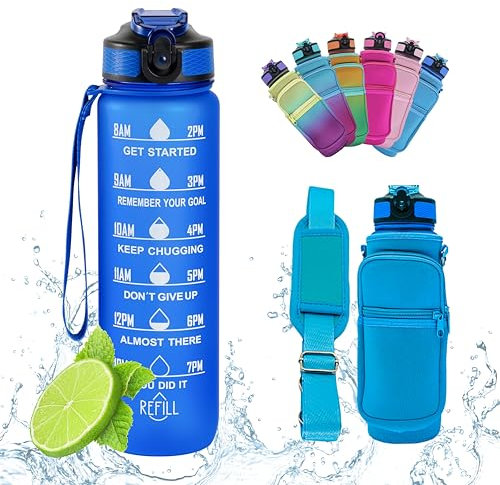 Botella de Agua Gimnasio, Botella de Agua 1L Con Pajita, Botella de Agua Deportiva Con Funda, Sin BPA, Botella de Agua Para Deporte, Botella de Agua Motivacional, Botella Agua Medidas Motivadoras.
