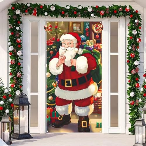 KATIMI Decoration Noel Porte Entree en Polyester, Couverture de Porte Noel avec Cloche, Decoration Porte Noel Exterieur de Père Noël, Deco Porte Noel pour à l'Intérieur à l'Extérieur