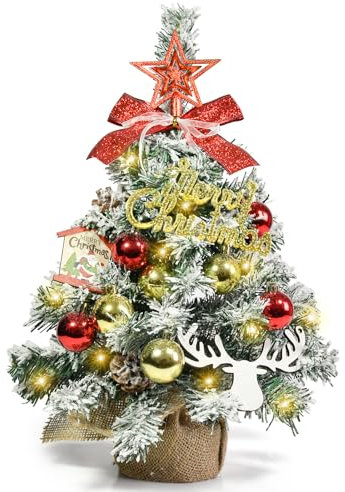 45CM Arbol Navidad Pequeño Artificial con Adornos, 30 Luces LED, Estrella de Arbol, Bolas Navideñas, Mini Nevado Christmas Tree Decoración para Centro de Mesa Navidad Partido Casa Hogar Oficina