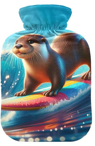 Cute Otter Surfing Hot Water Bottles Water Heating Pad Hot Water Bag for Neck and Shoulder Pain Relief, 2L
