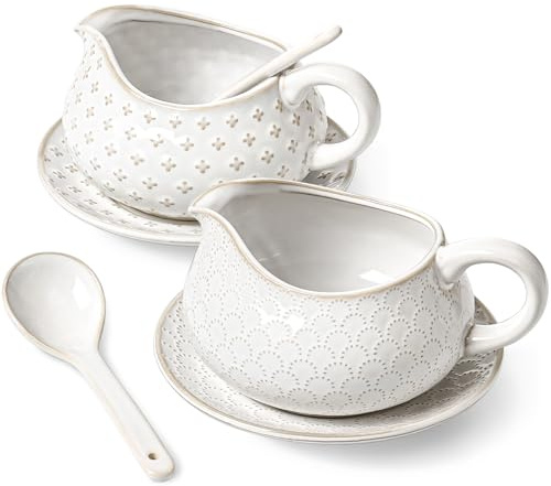 LE TAUCI Gravy Boat with Ladle and Saucer Stand 24oz, Ceramic Sauce Boat with Tray for Salad Dressings, Creamer, Broth, Black Pepper, Set of 2, Arctic White, Firework+Clover