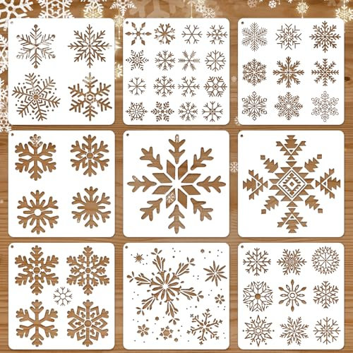 JSRQT 9 Stück Schneeflocken Schablonen zum Malen, Wiederverwendbare Weihnachts Schneeflocken Schablone aus Kunststoff, Gemischte Größe Snowflake Stencil Malschablonen Set für Fenster Wände Spray Kunst