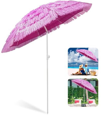 Ggipxalatyr Tiki - Sombrilla de paja, sombrilla de playa bohemia rosa, sombrilla de playa estilo hawaiano con botón de inclinación para jardín, playa, patio, vacaciones