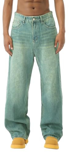 EMMIOL Mens Baggy Y2k Wide Leg Jeans, Hip Hop Skater Denim Cargo Pants Casual Loose Fit,Relaxed Long Trousers Green M