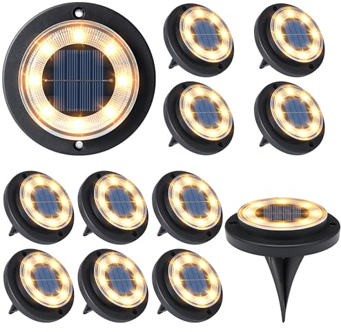 Flacchi Solar Lights Outdoor Waterproof - 2-in-1 Solar Powered Ground Lights Outdoor Solar Disk Light Landscape Light for Deck Step Patio Yard Pathway Walkway Driveway Garden (Warm White, 12 Pack)