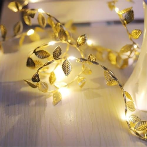 Guirnalda de luces LED de hojas doradas, luces LED de color dorado para boda, fiesta de cumpleaños, decoración de pared del hogar, decoración del hogar, jardín, guirnalda de plantas artificiales (5 m)
