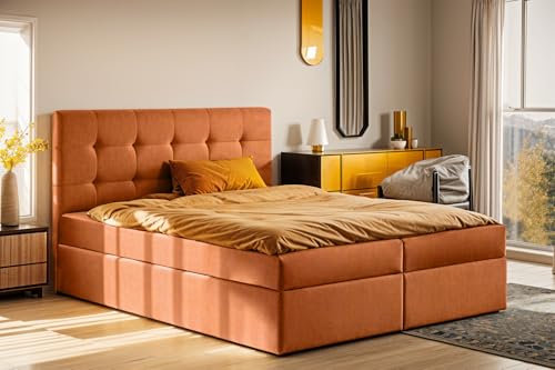 Kaiser Möbel, Boxspringbett 120x200 cm, Bett mit Bettkasten, Matratze H2 Mittelweich, Hohe Kopfstütze, 2 Matratzen und 2 Bettkästen, Doppelbett mit Stauraum, Polsterbett LUDANO, Stoff Noel Orange