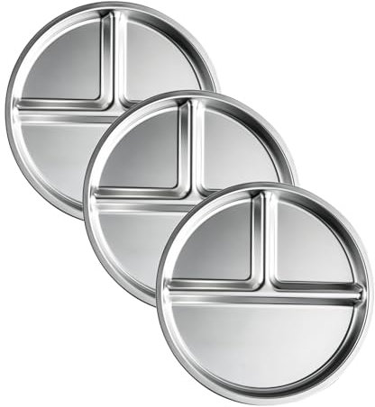 nohlerlife Stainless Steel Plates, Divided with 3 Compartments, 23 cm, Set of 3, Portion Control Plate, Great for Adults Weight Loss