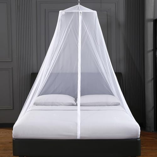 Mosquito Net Bed Canopy with Zipper Dome Tent,Universal Mosquito Neting for Bed Single-King Size Hanging Net for Outdoor Bedroom Use,White