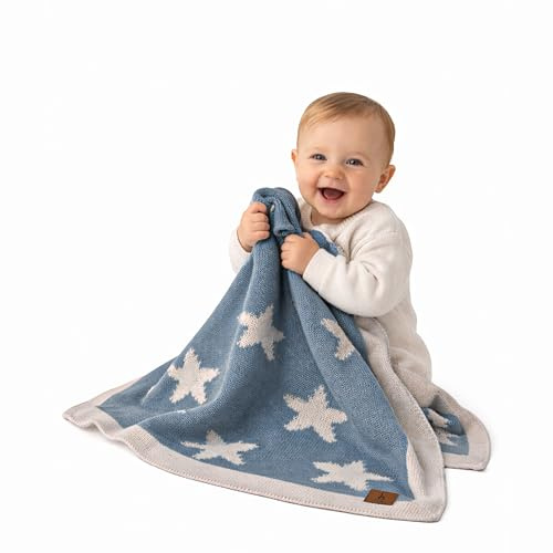 Little Dedi Stars Babydecke 80x100 cm – Weiche, beidseitig verwendbare Acryl-Strickdecke mit Schleife – Oeko-TEX Zertifiziert – Rauchblau