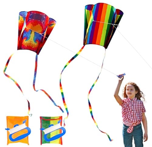Drachen Kinder 2er-Set, Regenbogen Taschendrachen, Einleiner Flugdrachen | Drachen mit Streifenschwänze, Kinderdrachen für Anfänger Familien, Strand Garten, inkl. 30m Drachenschnur,