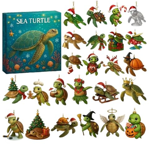 zjhukfmc Calendario 'Avvento natalizio con conto alla rovescia delle tartarughe marine, 24 giorni, decorazione in acrilico 2D, ornamento per il conto alla rovescia 2025, per casa, auto, finestra