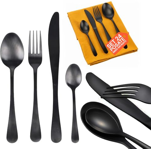 Avilia - Set 24 Posate Acciaio Inox Satinato Nero per 6 Persone, Design Moderno ed Elegante, Lavabili in Lavastoviglie, Ideali per Uso Quotidiano e Tavole Raffinate