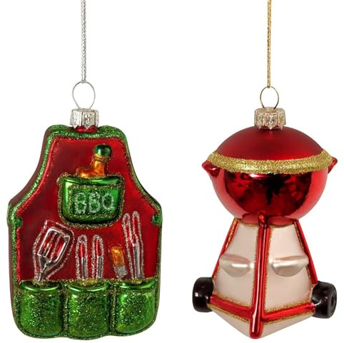 Weihnachtsbaumschmuck 2er-Set Grill - Grillschürze BBQ - mundgeblasen Glas - lustige Christbaumkugeln für Grillfans und Camper