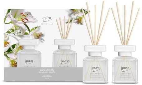 ipuro - Essentials WHITE LILY Raumduft - Geschenkset 2x50ml - Raumerfrischer mit Pfirsich Maiglöckchen, Jasmin, Nelke, weißem Moschus & Zedernholz Duft - Diffuser mit Stäbchen - Lufterfrischer Zuhause