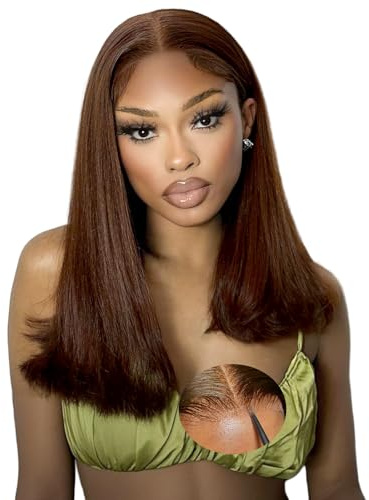 Oxeyegirl 18 Zoll 9x6 Straight Chocolate Brown 200% Density Wear and Go Glueless Wig Echthaar Perücke HD Lace Front Wig Human Hair Wigs Perücken Echthaar Damen No Glue Pre Plucked Pre Cut 46 cm