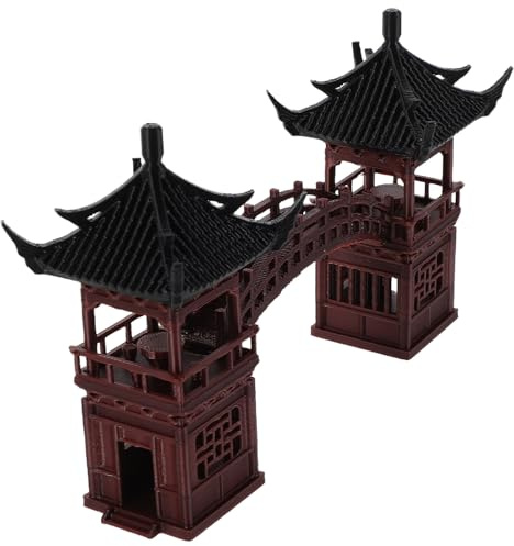 DECOMELODY Miniatur Pavillon aus Langlebigem Kunststoff Asiatische Bonsai Garten Dekoration mit Brücke Detailreiche Zen Garten Figur für Aquarien und Terrarien Kompakte Landschafts Statue
