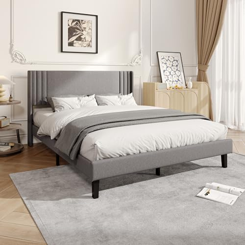 Doppelbett, 140 x 200 cm, Polsterbett 140 x 200 cm, mit hohem Kopfteil, gesteppt, stabile Metallstruktur mit Lattenrost, modernes Bett für Erwachsene, aus Leinen, grau
