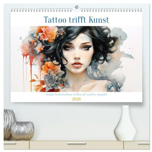 Tattoo trifft Kunst - Starke Tattoos treffen auf sanftes Aquarell (hochwertiger Premium Wandkalender 2026 DIN A2 quer), Kunstdruck in Hochglanz: ... in zarten Wasserfarben (CALVENDO Kunst)