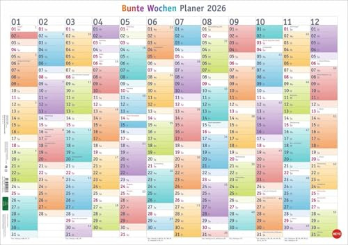 Bunte Wochen Posterplaner 2026: Immer alle Termine im Blick mit dem großen Jahresplaner für die Wand. Neutraler Kalender: das ganze Jahr auf einem Poster (Bürokalender Heye)