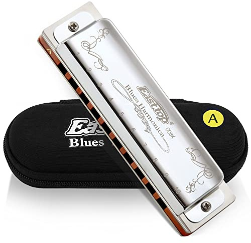 East top Diatonic Harmonica Key of A, Mouth Organ 10 Holes 008K with Silver Cover, Blues Harmonicas For Adults, Professionals, Beginners and Students