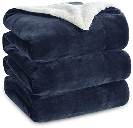 Bedsure GentleSoft Sherpa Fleece Blanket Queen Size for Bed, Non-Heated, Thick and Warm Throw for Women and Men, Soft Fuzzy Plush Weight Queen Blanket for Winter, Navy, 90x90 Inches