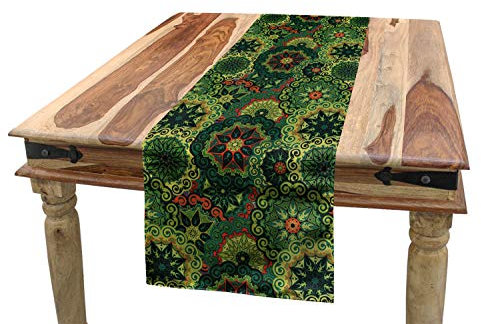 ABAKUHAUS Mandala Tischläufer, Einheimische Kultur, Esszimmer Küche Rechteckiger Dekorativer Tischläufer, 40 x 300 cm, Hellgrün Dunkelgrün Zinnoberrot