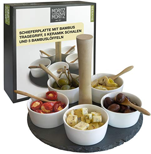 Moritz & Moritz Plateau Aperitif - 5 Coupelle Aperitif en Ardoise et Céramique - pour Les Dips Snacks Entrées Desserts