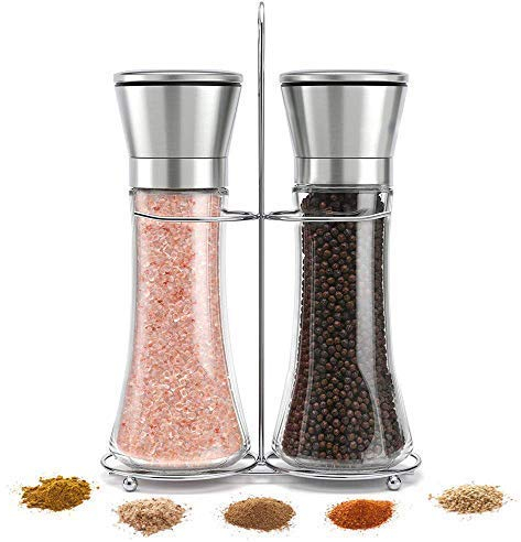 Yugefom Salt & Pepper Grinder Set of 2 Glass Sea Salt and Spice Shakers with Stand - Adjustable Coarseness Mills - Stainless Steel & Ceramic Rotor