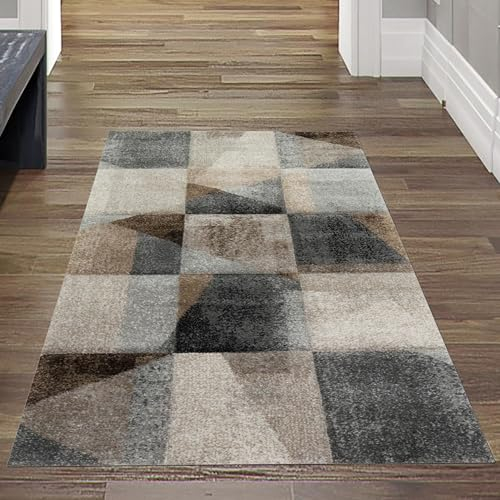 Teppich-Traum Moderner Teppich Flur abstraktes Karomuster in braun beige grau schwarz Größe 60x110 cm