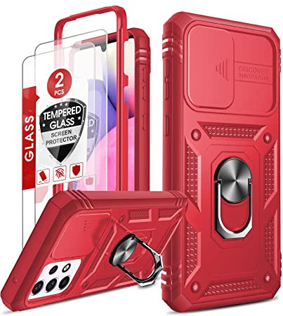 LeYi for Samsung Galaxy A33 5G Case with Slide Camera Cover and 2 Tempered Glass Screen Protector, Ring Holder Full Body Protective Heavy Duty Shockproof Tough Girl Women Hard Phone Cover,Red