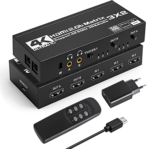 Tendak Matriz HDMI 3x2 - Switch Matrix 4K@60Hz con Splitter y Extractor de Audio Óptico SPDIF y L/R 3.5mm Estéreo - Soporta HDMI 2.0 HDCP 2.2 3D con Control Remoto IR