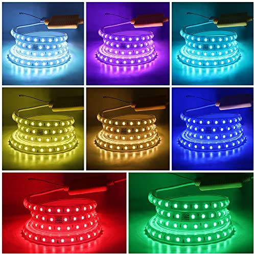 Wisada RGB LED Streifen, 2M 220V SMD5050 60LEDs/m Flexibel Bunt Streifen,Multi-Farbwechsel LED Lichtleisten Lichtband mit 24 Tasten Fernbedienung & 1000W RGB Wasserdichte Regler für Wohnzimmer, Balkon