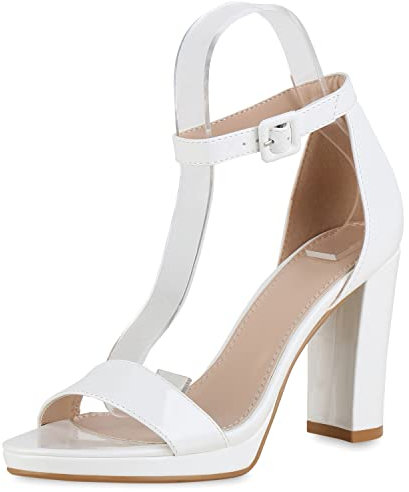 VAN HILL Damen Klassische Sandaletten Blockabsatz Schuhe Lack Absatzschuhe Elegante Sommersandaletten Abendschuhe 208372 Weiss Lack 39