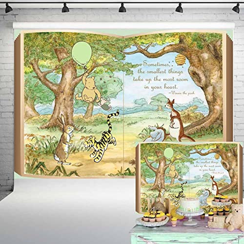 Claasic Pooh Riesenbuch-Hintergrund, geschlechtsneutrale Babyparty-Dekorationen, Vintage-Winnie-Bär, grüner Ballon in Hundert Acre Holzhintergrund, Geburtstagsparty-Banner, 2,1 x 1,5 m, 118 cm