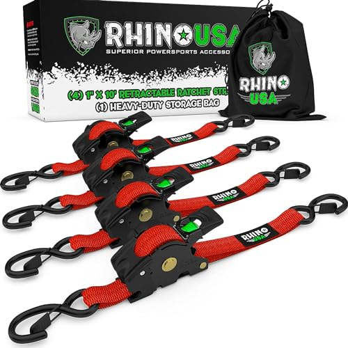 Rhino USA Sangles à Cliquet Rétractables (Paquet de 4) - 2.5cm x 3m (540kg Résistance à la Rupture) - Sangles d’Arrimage Automatiques et Robustes pour Camion, Remorque, Moto, Vélo & Plus - Rouge