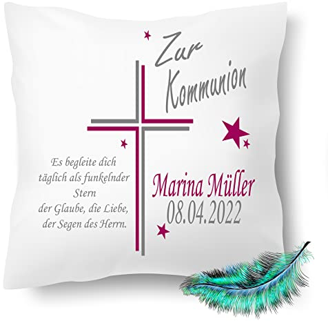 Print Deluxe Kommunion Geschenk, Personalisierbares Kissen bedrucktes für Jungen und Mädchen, mit Namen, Datum, eigenem Spruch,| Dekokissen,| Kuschelkissen 40X40 (mit Kissenfüllung, Magenta)